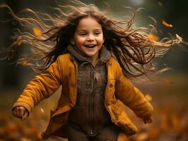 European kid in playful emontional dynamic pose on autumn background AI Generative photo