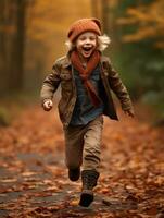 europeo niño en juguetón emocional dinámica actitud en otoño antecedentes ai generativo foto