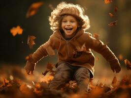 European kid in playful emontional dynamic pose on autumn background AI Generative photo