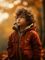 European kid in playful emontional dynamic pose on autumn background AI Generative photo