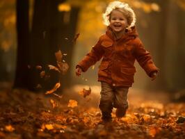 European kid in playful emontional dynamic pose on autumn background AI Generative photo