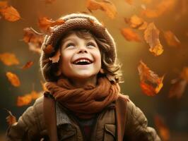 European kid in playful emontional dynamic pose on autumn background AI Generative photo