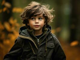 European kid in playful emontional dynamic pose on autumn background AI Generative photo