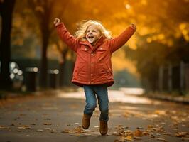 European kid in playful emontional dynamic pose on autumn background AI Generative photo