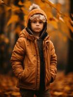 European kid in playful emontional dynamic pose on autumn background AI Generative photo