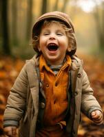 European kid in playful emontional dynamic pose on autumn background AI Generative photo