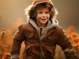 European kid in playful emontional dynamic pose on autumn background AI Generative photo