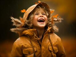 European kid in playful emontional dynamic pose on autumn background AI Generative photo