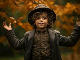 European kid in playful emontional dynamic pose on autumn background AI Generative photo