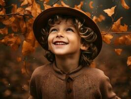 European kid in playful emontional dynamic pose on autumn background AI Generative photo