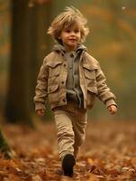 European kid in playful emontional dynamic pose on autumn background AI Generative photo