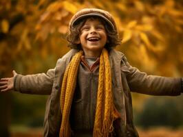 European kid in playful emontional dynamic pose on autumn background AI Generative photo