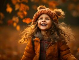 europeo niño en juguetón emocional dinámica actitud en otoño antecedentes ai generativo foto