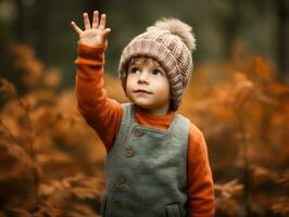 europeo niño en juguetón emocional dinámica actitud en otoño antecedentes ai generativo foto