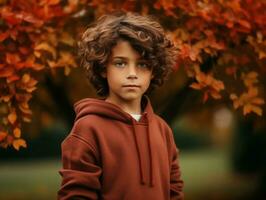 European kid in playful emontional dynamic pose on autumn background AI Generative photo