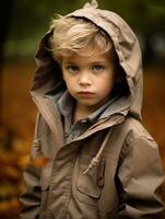 European kid in playful emontional dynamic pose on autumn background AI Generative photo