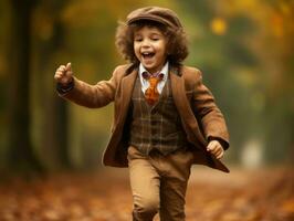 European kid in playful emontional dynamic pose on autumn background AI Generative photo