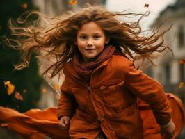 European kid in playful emontional dynamic pose on autumn background AI Generative photo