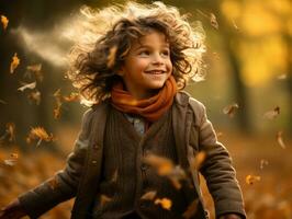 European kid in playful emontional dynamic pose on autumn background AI Generative photo