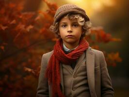 European kid in playful emontional dynamic pose on autumn background AI Generative photo