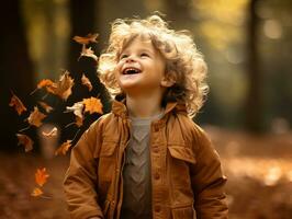 European kid in playful emontional dynamic pose on autumn background AI Generative photo