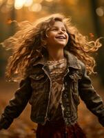 European kid in playful emontional dynamic pose on autumn background AI Generative photo