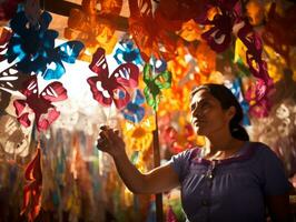 Women create papel picado colorful paper decorations AI Generative photo