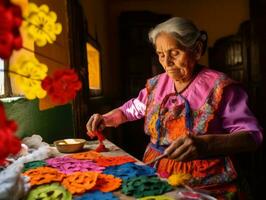 Women create papel picado colorful paper decorations AI Generative photo