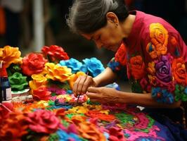 Women create papel picado colorful paper decorations AI Generative photo