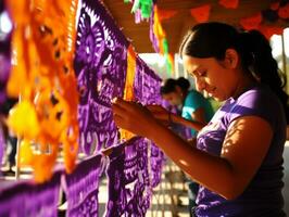 Women create papel picado colorful paper decorations AI Generative photo