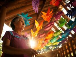 Women create papel picado colorful paper decorations AI Generative photo