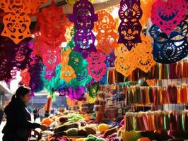 Women create papel picado colorful paper decorations AI Generative photo