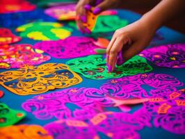 Women create papel picado colorful paper decorations AI Generative photo