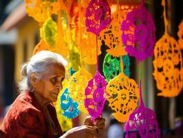 Women create papel picado colorful paper decorations AI Generative photo