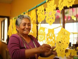 Women create papel picado colorful paper decorations AI Generative photo