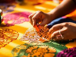 Women create papel picado colorful paper decorations AI Generative photo