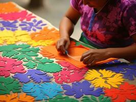 Women create papel picado colorful paper decorations AI Generative photo