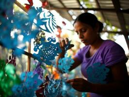 Women create papel picado colorful paper decorations AI Generative photo