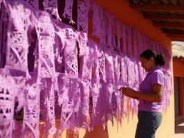 Women create papel picado colorful paper decorations AI Generative photo