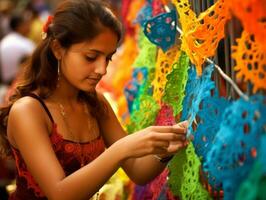 Women create papel picado colorful paper decorations AI Generative photo