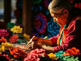 mujer crear papel picado vistoso papel decoraciones ai generativo foto