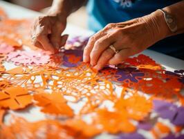 Women create papel picado colorful paper decorations AI Generative photo