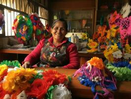 Women create papel picado colorful paper decorations AI Generative photo