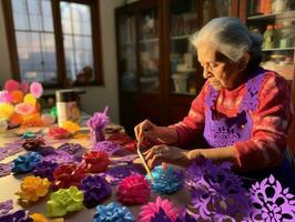 Women create papel picado colorful paper decorations AI Generative photo