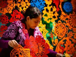 Women create papel picado colorful paper decorations AI Generative photo