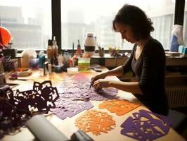 Women create papel picado colorful paper decorations AI Generative photo