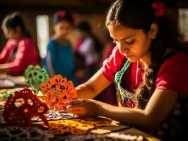 Women create papel picado colorful paper decorations AI Generative photo