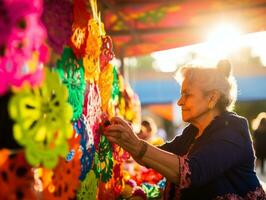 Women create papel picado colorful paper decorations AI Generative photo