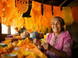 Women create papel picado colorful paper decorations AI Generative photo