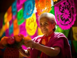 Women create papel picado colorful paper decorations AI Generative photo